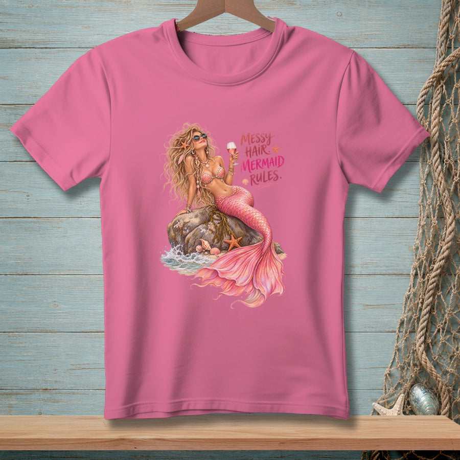 Pink t-shirt with a mermaid graphic and "Messy Hair Mermaid Rules." text.