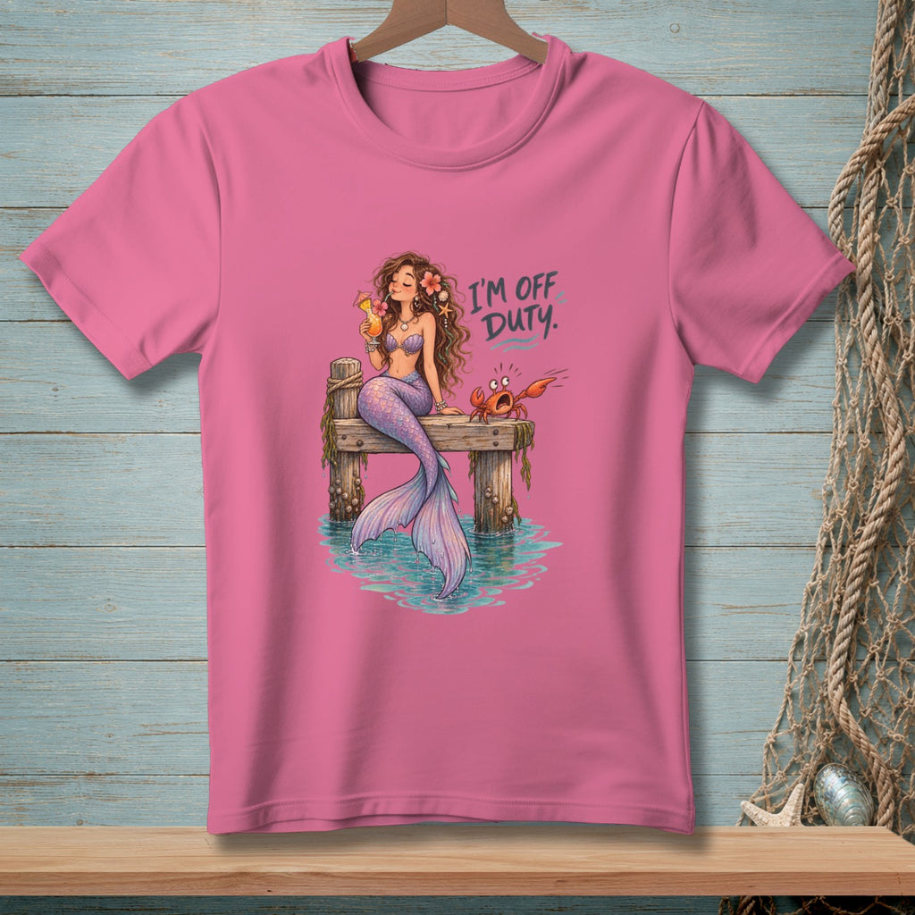 Pink t-shirt with a mermaid holding a drink and text "I'M OFF DUTY".