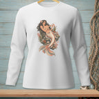 Long-sleeve white shirt with a detailed mermaid graphic and coral reef elements.
