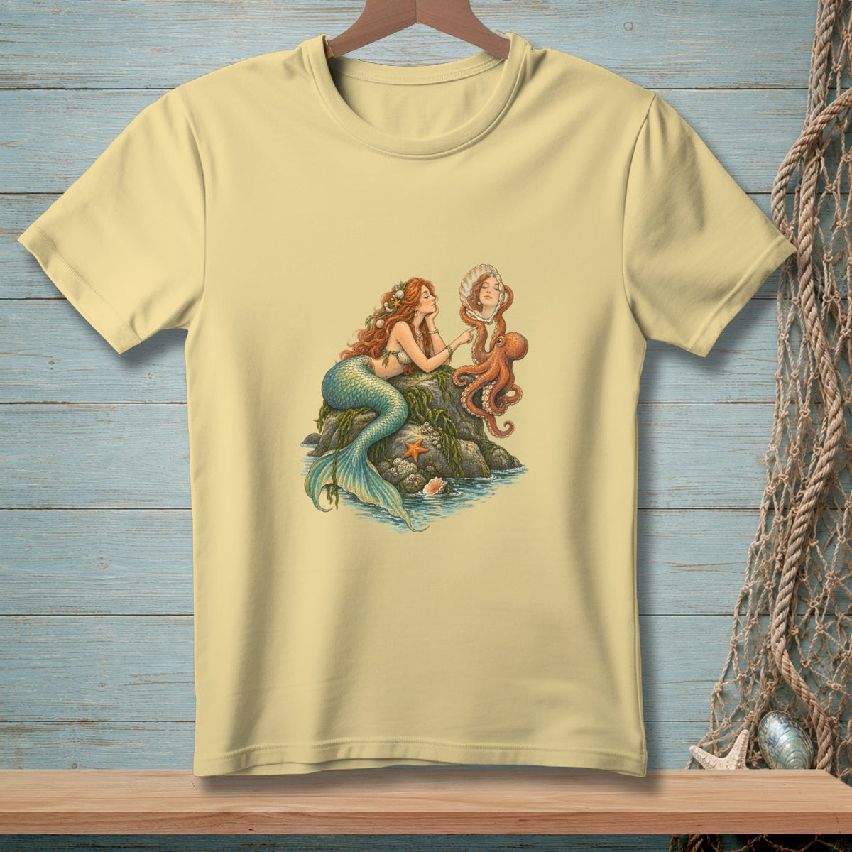 Mermaid with octopus holds seashell mirror on rocky island, pale yellow t-shirt graphic.