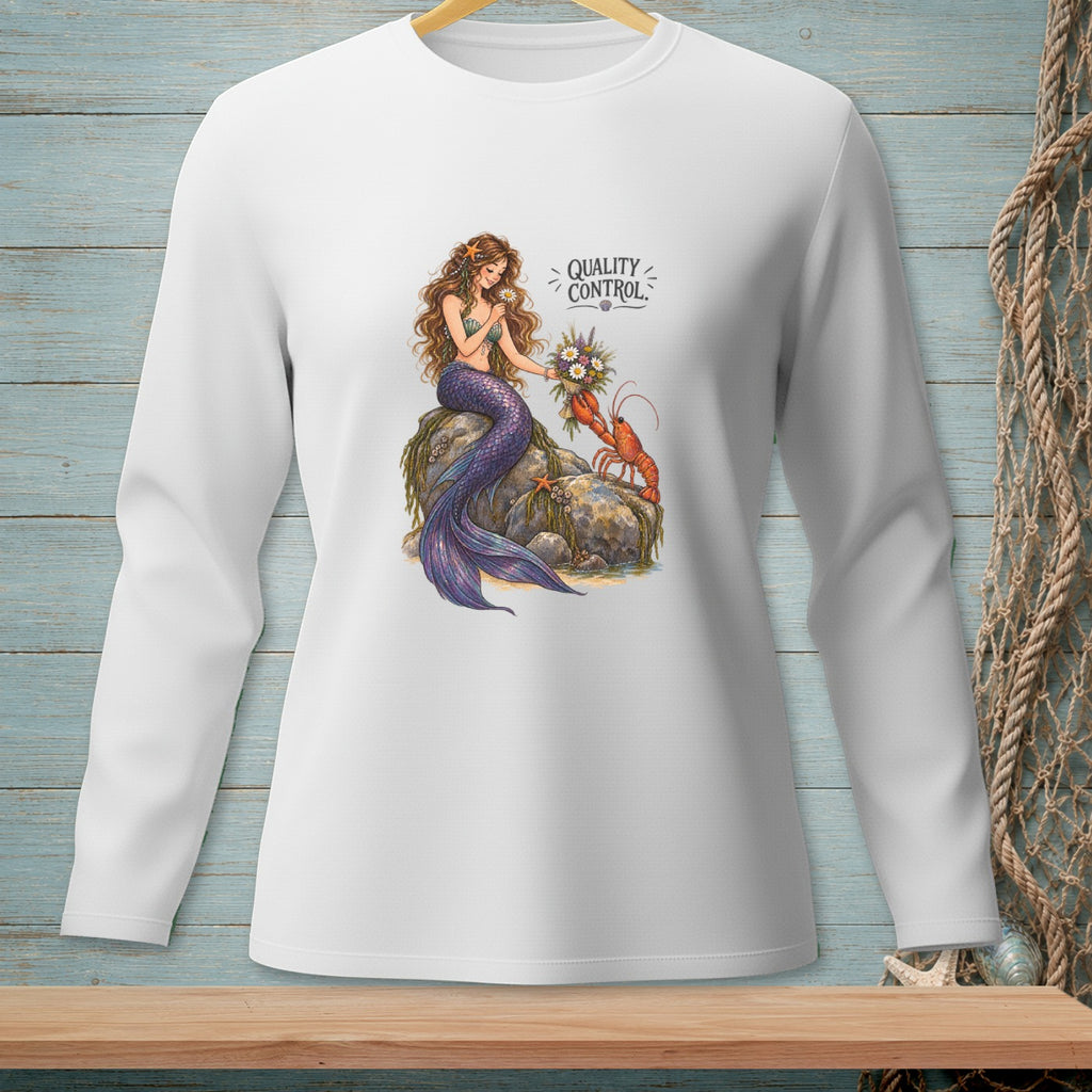 Illustration of a mermaid holding flowers with a lobster and text "QUALITY CONTROL".