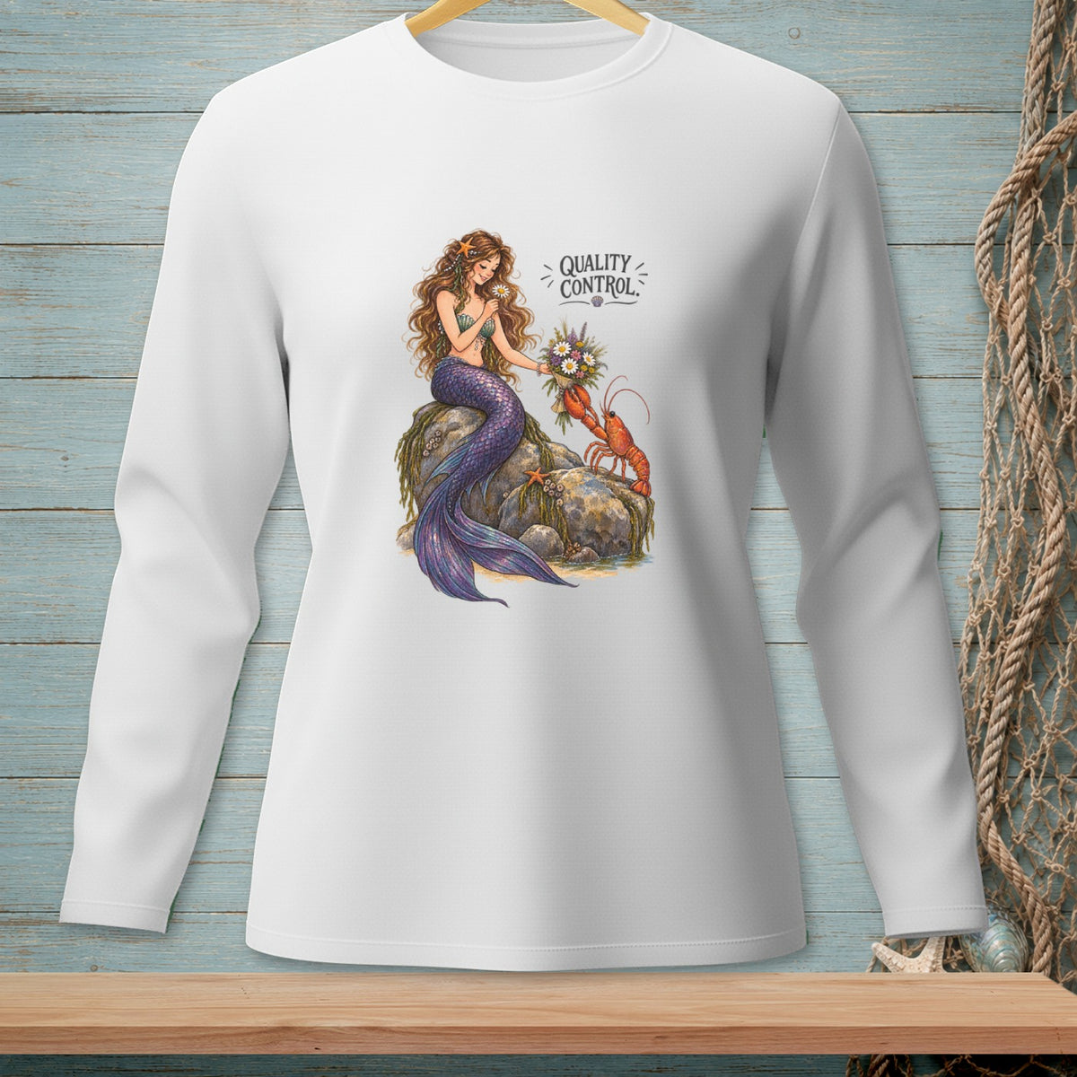 Illustration of a mermaid holding flowers with a lobster and text "QUALITY CONTROL".