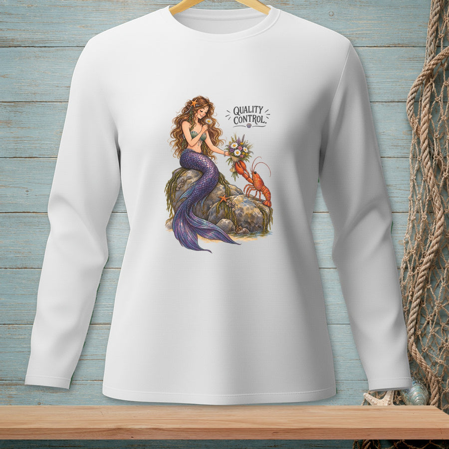 Illustration of a mermaid holding flowers with a lobster and text "QUALITY CONTROL".