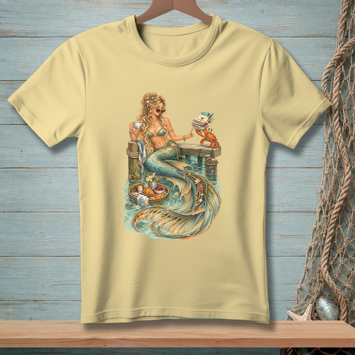 Mermaid holding coffee cup, reading mail with a crab on a pier.