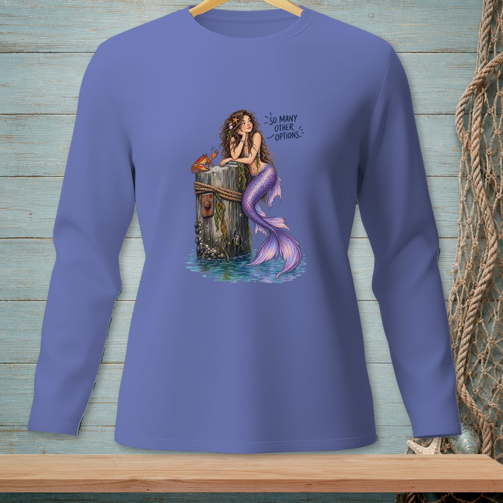 Mermaid with purple tail on post with crab. "So many other options." text.