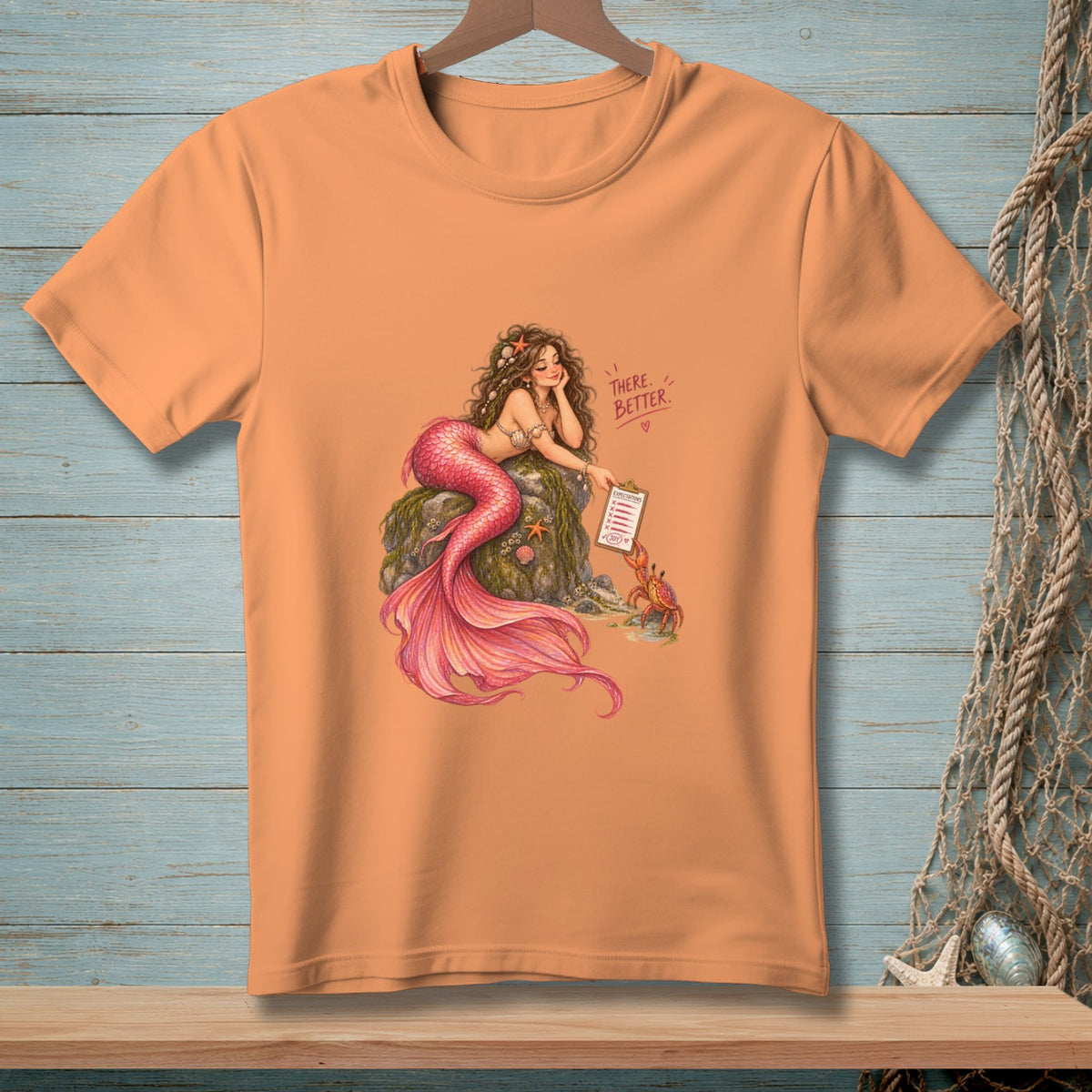 Mermaid with pink tail sits on rock, holding a clipboard with "Expectations" and "365" checks.
