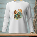 White long-sleeve shirt with two mermaids sitting on rocks with shells and starfish.