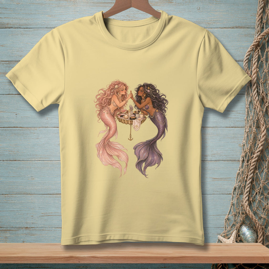 Two mermaids with colorful tails apply makeup around a seashell vanity.