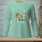 Mint green long sleeve shirt with a mermaid, buoys, and a "No Wake" sign graphic.