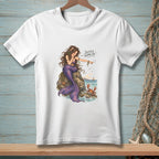 White t-shirt with a mermaid pointing to a crab and the text "Scuttle Along, Sir."