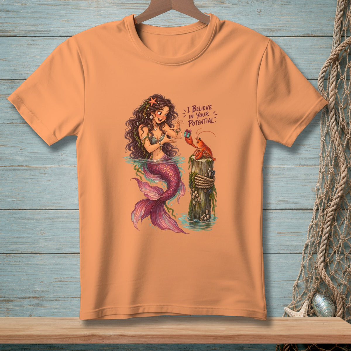 Mermaid and lobster interaction with text "I BELIEVE IN YOUR POTENTIAL."