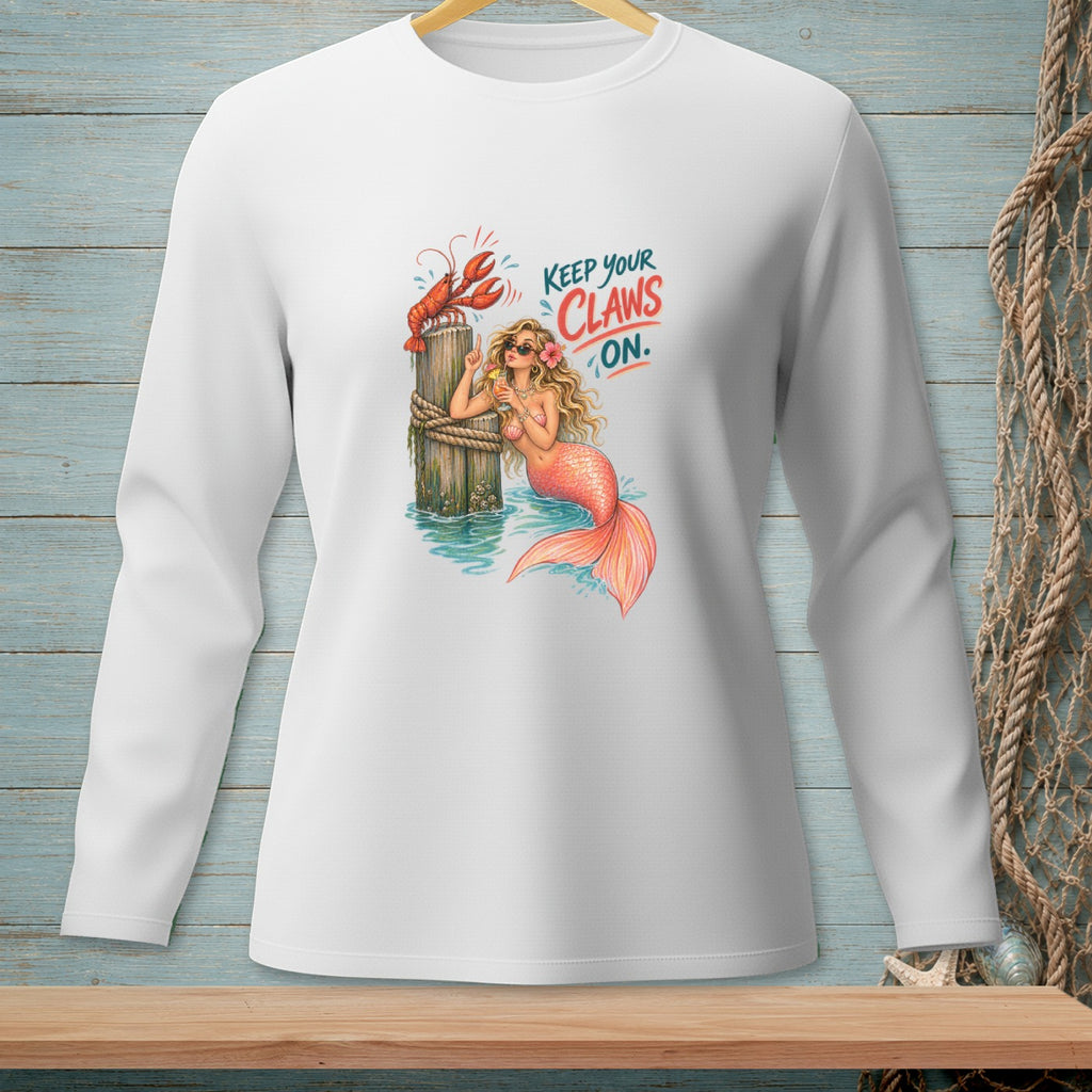 Mermaid with lobster on post, "Keep Your Claws On" text, white long-sleeve shirt graphic.