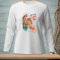 Mermaid with lobster on post, "Keep Your Claws On" text, white long-sleeve shirt graphic.