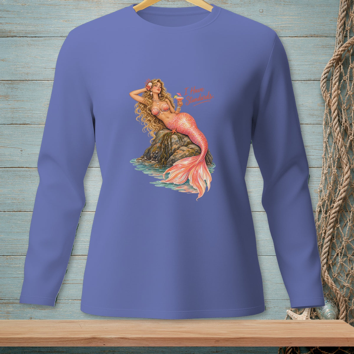 Purple long-sleeve shirt with a mermaid design and "I have Standards" text.
