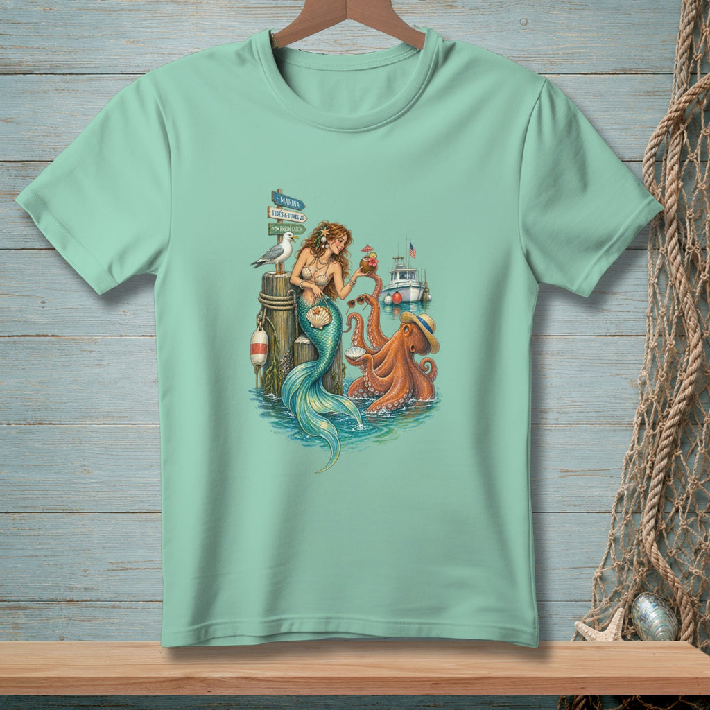 Mermaid and octopus by dock with signs: Marina, Tides & Tunes, Fresh Catch.