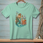Mermaid and octopus by dock with signs: Marina, Tides & Tunes, Fresh Catch.