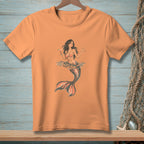 Orange t-shirt with a watercolor illustration of a mermaid holding a drink and the text "HARD PASS".