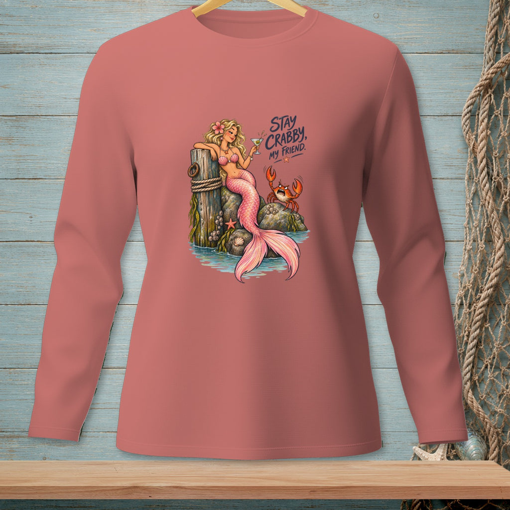 Pink long-sleeve shirt with mermaid, crab, and "Stay Crabby, My Friend" text graphic.