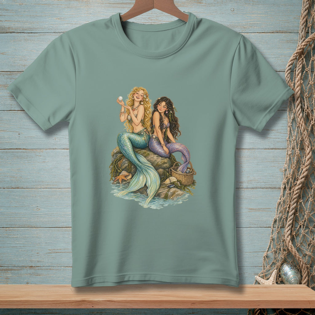 Two mermaids sit on rocks by the water holding a pearl and a basket.