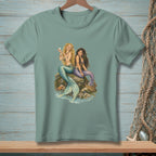 Two mermaids sit on rocks by the water holding a pearl and a basket.