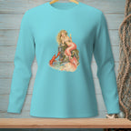 Mermaid with lobster and champagne on a rock, printed on a teal long-sleeve shirt.