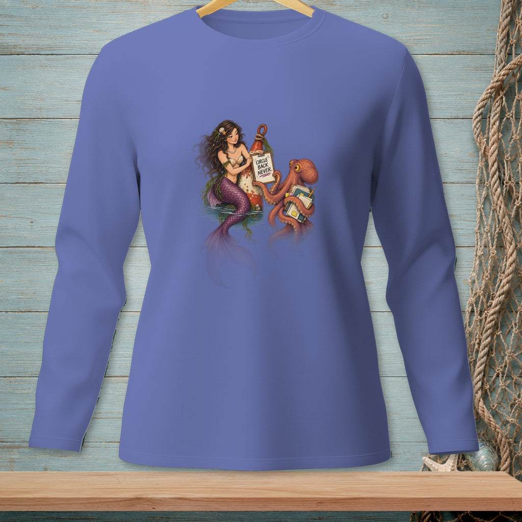 Mermaid and octopus with sign that says "Circle Back Never".