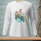 Illustration of a mermaid on a pier with a striped towel and a basket of flowers.