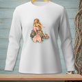 White long-sleeve shirt featuring a drawing of a mermaid sitting on a rock with a crab.