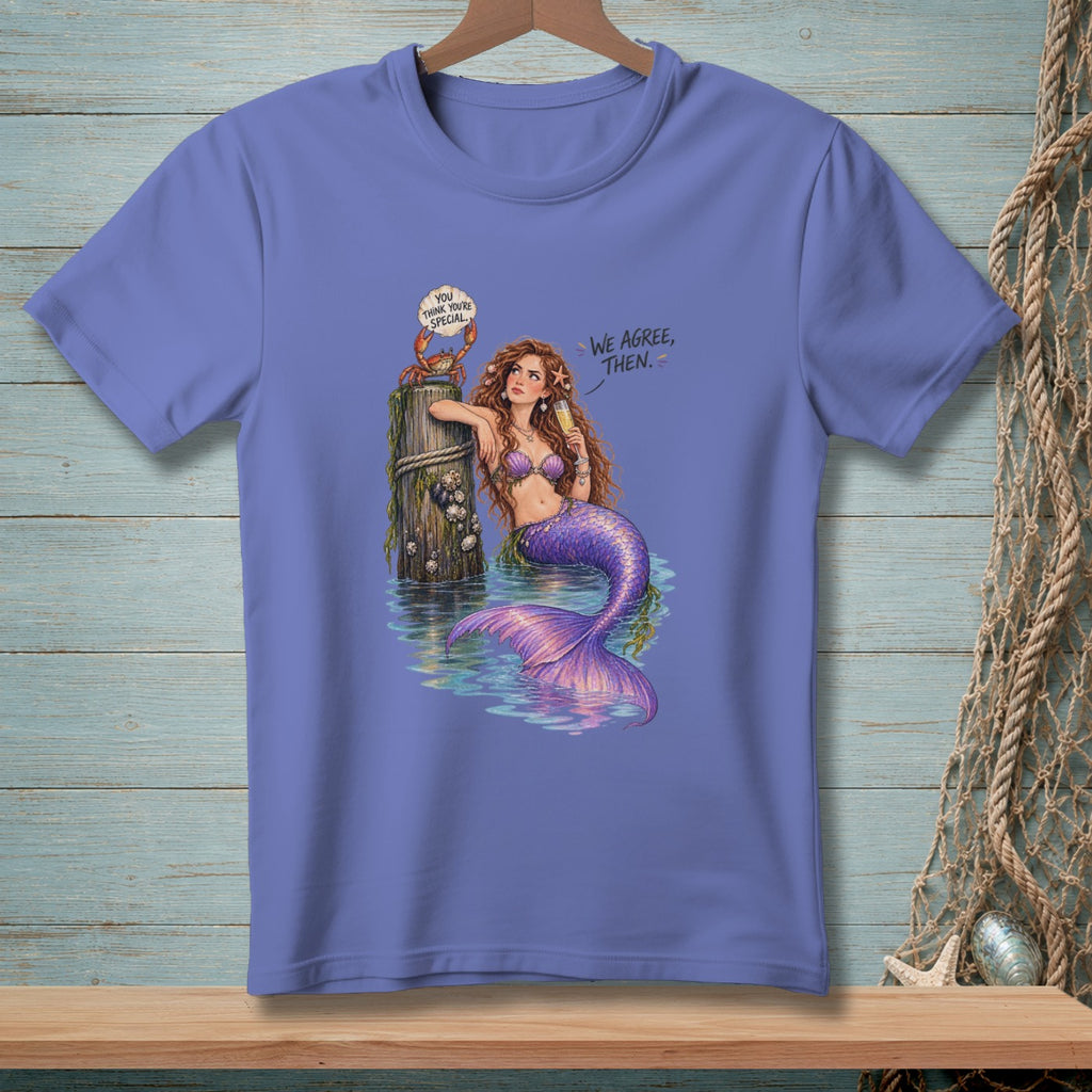 Mermaid with purple tail and crab on post, says "You think you're special" and "We agree, then."