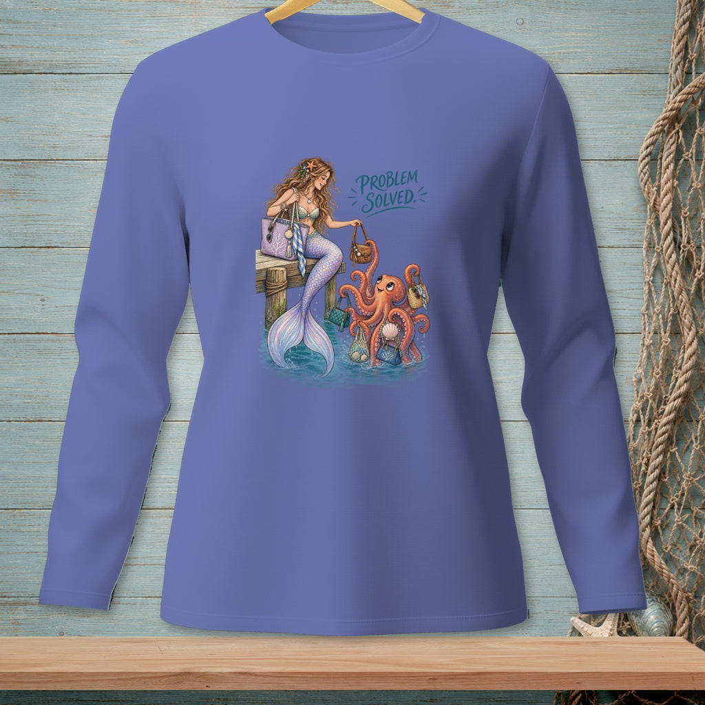 Mermaid and octopus with shopping bags, "Problem Solved" text on shirt.