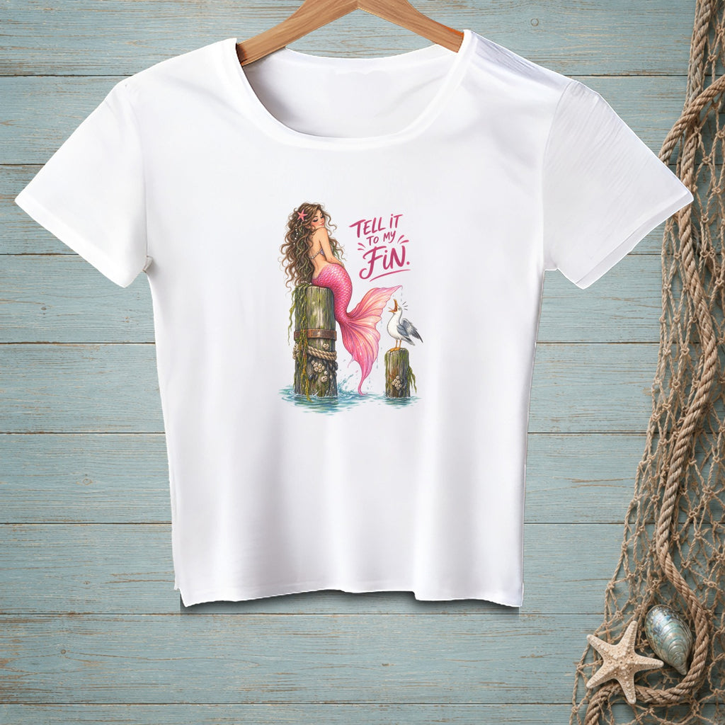 White t-shirt with mermaid and seagull graphic, reads "Tell it to my Fin."