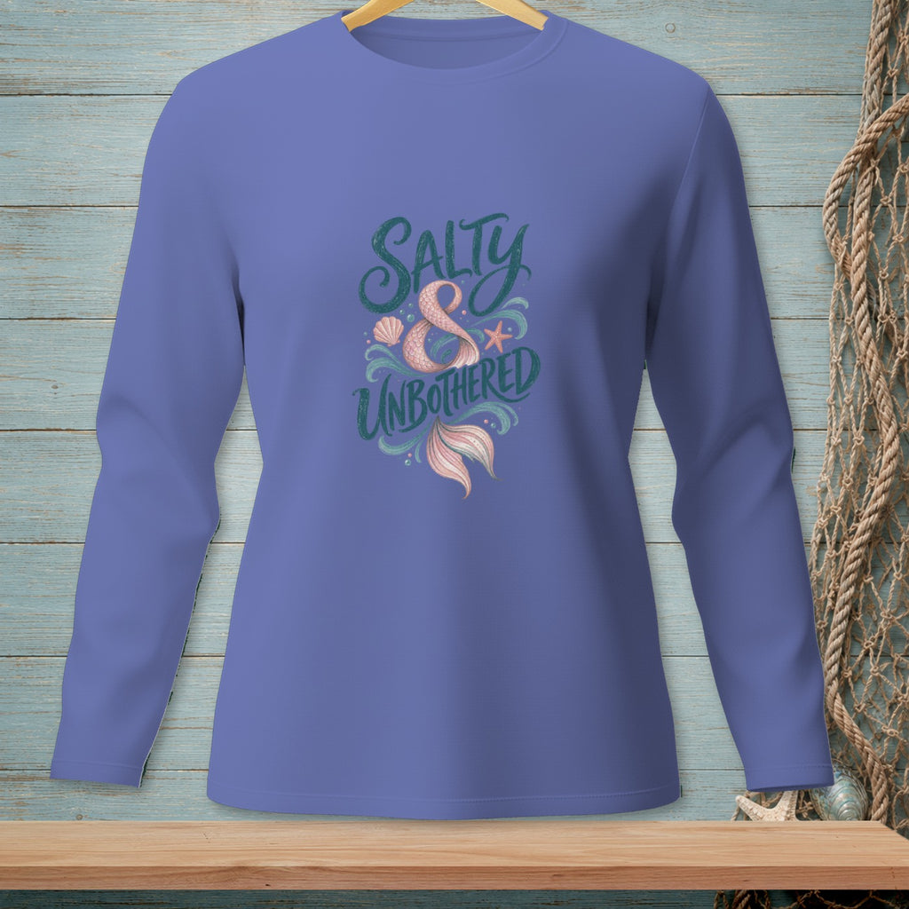 Purple long-sleeve shirt with "Salty & Unbothered" text and mermaid tail graphic.