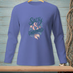 Purple long-sleeve shirt with "Salty & Unbothered" text and mermaid tail graphic.