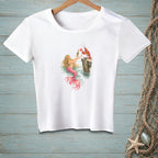 White t-shirt with graphic of a mermaid and lobster toasting with champagne.