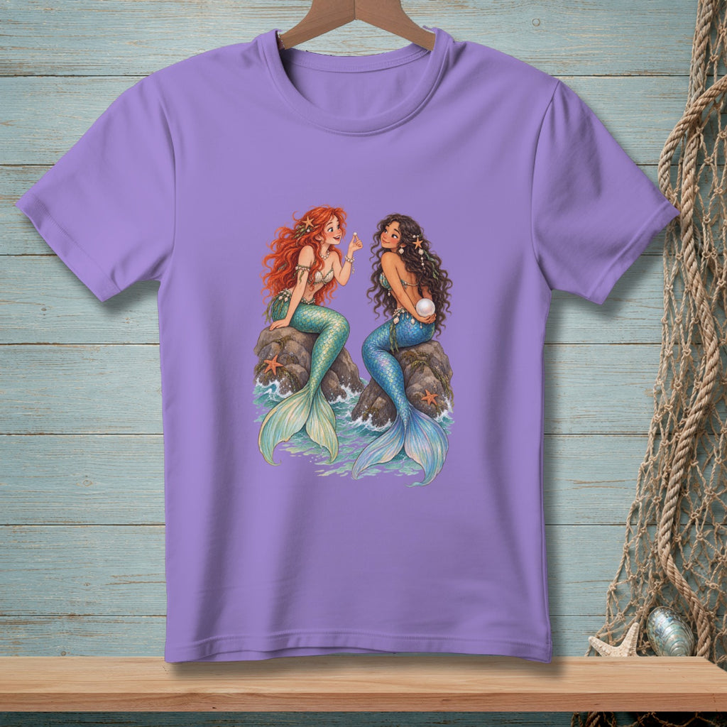Purple t-shirt with illustration of two mermaids sitting on rocks.
