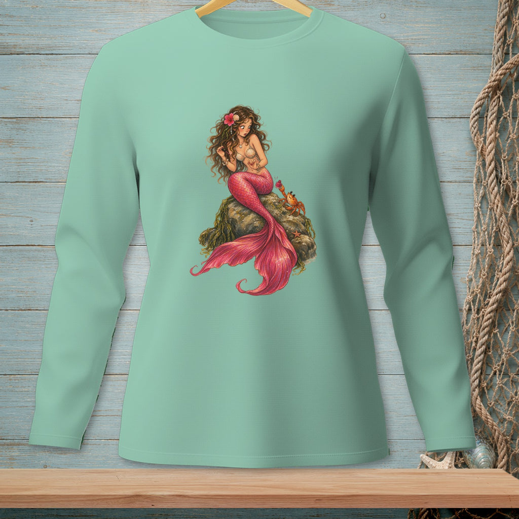 Teal long-sleeve shirt with a mermaid and crab graphic.