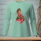 Teal long-sleeve shirt with a mermaid and crab graphic.