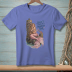 Mermaid sitting on a post with a crab, "Don't touch the mermaid hair" text.