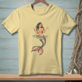 Yellow t-shirt with a mermaid holding a cocktail, text reads "HARD PASS."
