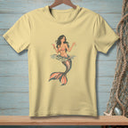 Yellow t-shirt with a mermaid holding a cocktail, text reads "HARD PASS."