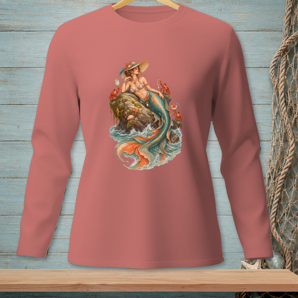 Long-sleeved shirt with a print of a mermaid sitting on a rock with crabs.