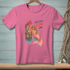 Pink t-shirt with mermaid, lobster, and text "Keep Your Claws On".