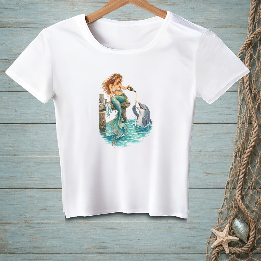 White t-shirt with a mermaid pouring champagne for a dolphin.