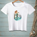 White t-shirt with a mermaid pouring champagne for a dolphin.