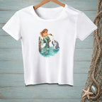 White t-shirt with a mermaid pouring champagne for a dolphin.
