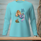 Mermaid with purple tail, crab, and text "PLAN AHEAD, DARLING" on blue shirt.