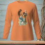 Orange long-sleeve shirt with a mermaid sitting by a nautical mailbox with a seagull.