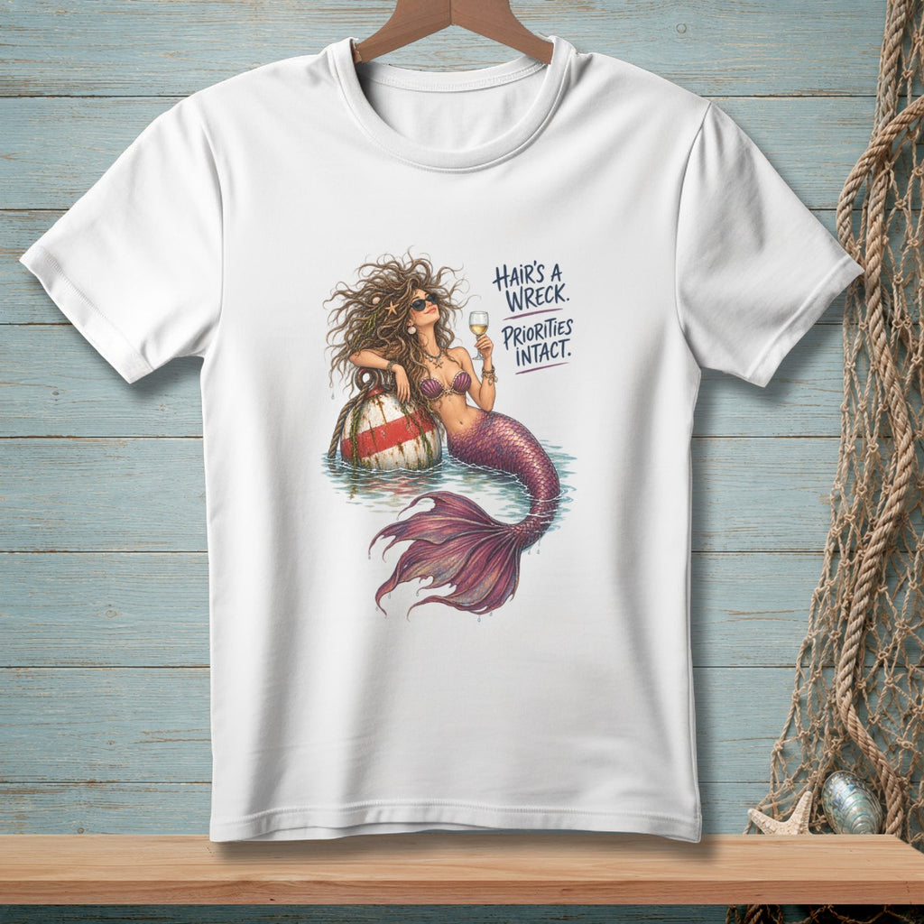Mermaid with wine and text "Hair's a wreck. Priorities intact." on a white t-shirt.