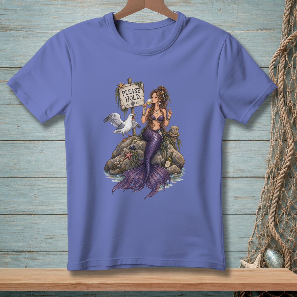 Mermaid holding drink beside seagull and sign that says "Please Hold"