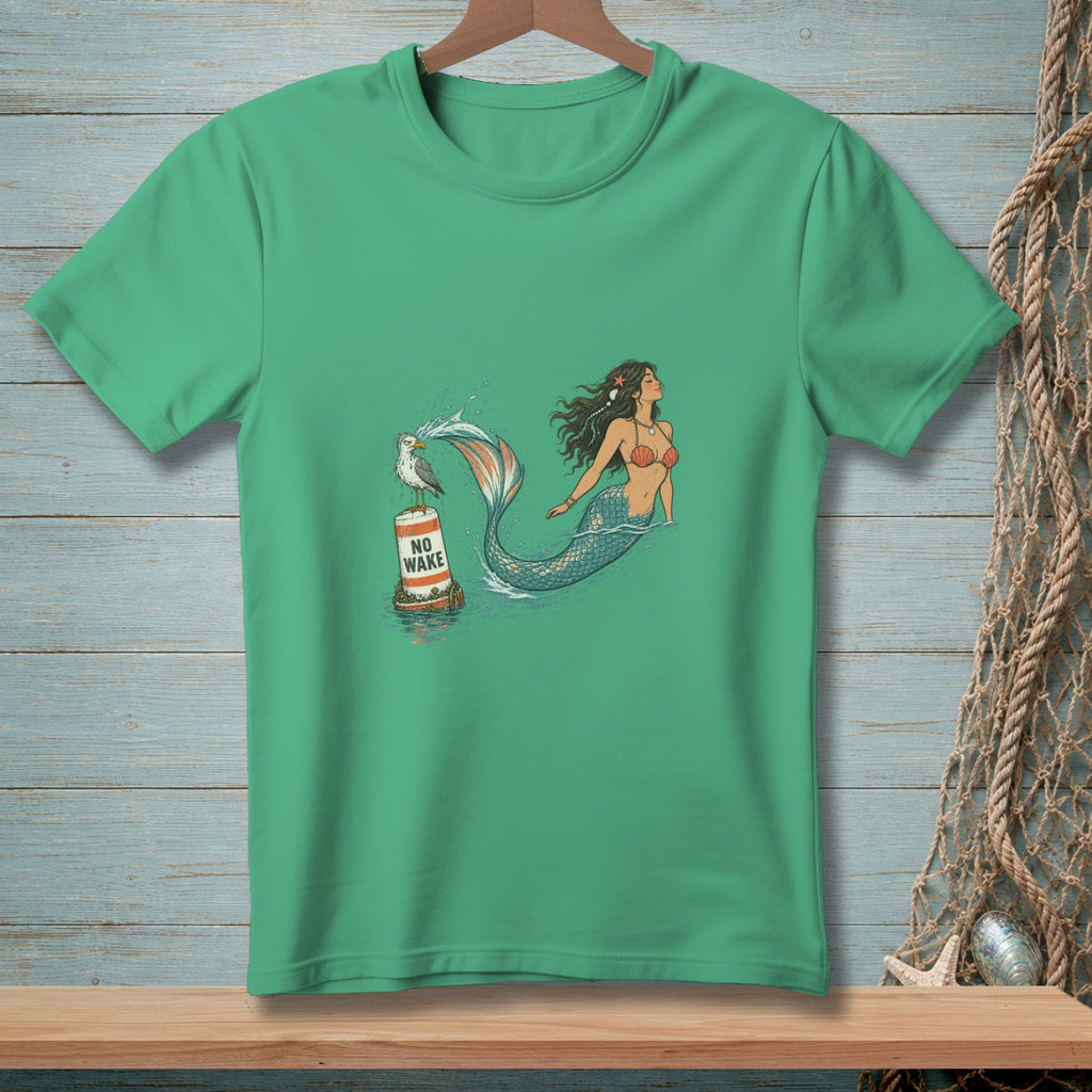 Mermaid and seagull on a "NO WAKE" buoy in ocean waves.